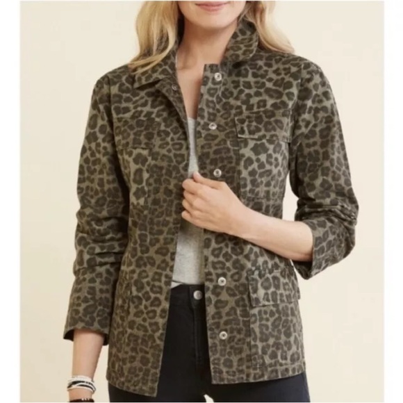 Good American Sage Green Leopard Cotton Utility Jacket With Pockets - Picture 7 of 11